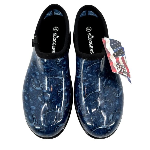 Sloggers Womens Waterproof Blue Horseshoe Print Garden Clogs 10 Made In USA - Picture 1 of 10